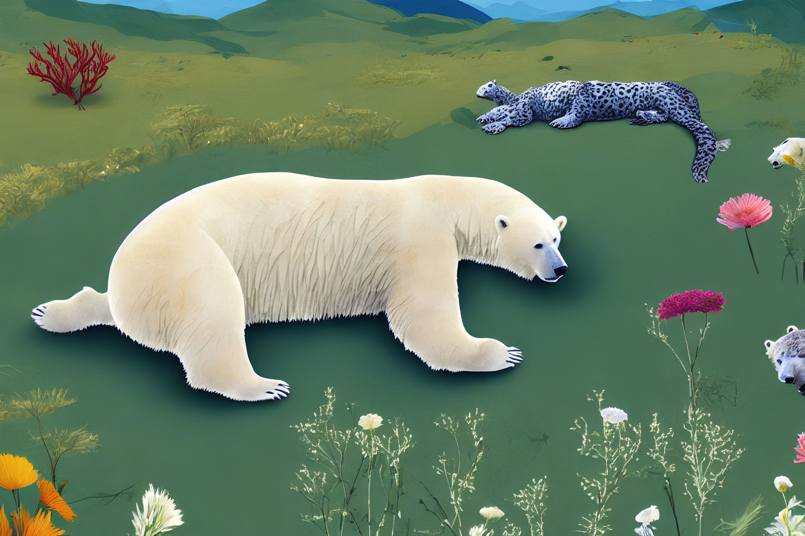 Polar bear and leopard resting on green hillside with colorful flowers