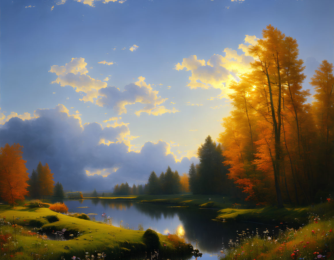 Tranquil autumn landscape with golden trees, calm lake, and sunset sky