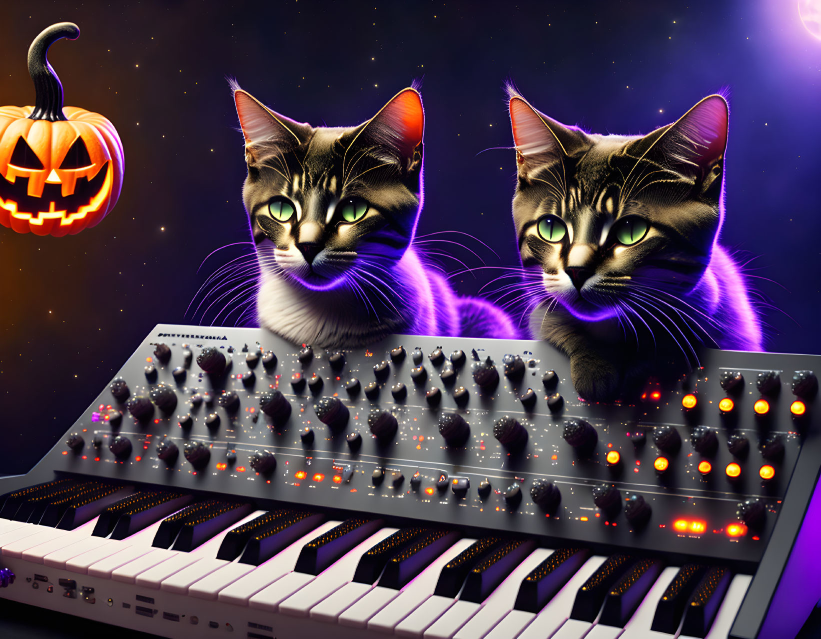 Two Glowing-Eyed Cats with Synthesizer Keyboard in Cosmic Scene