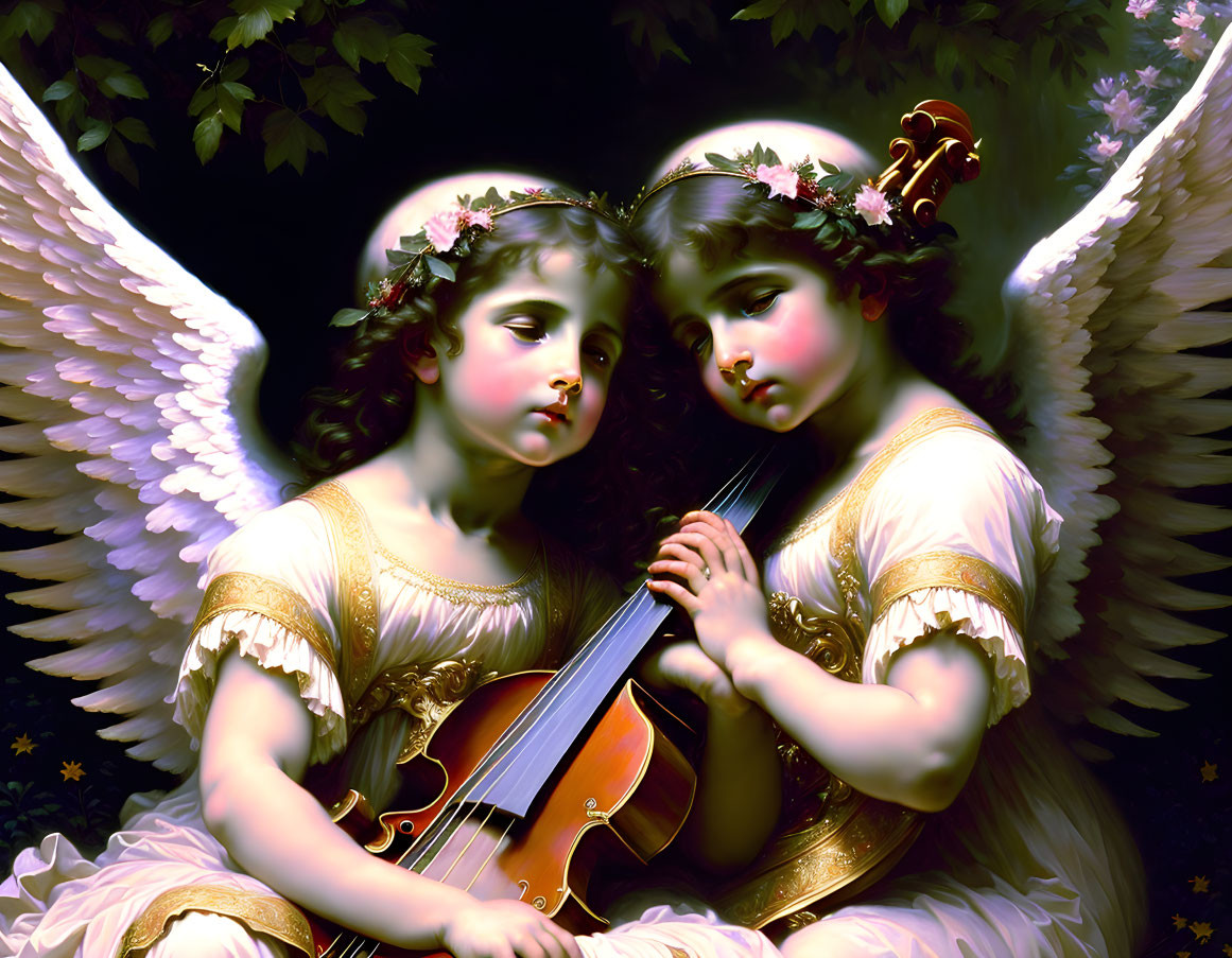 Angelic Figures with Violin and Floral Crowns on Dark Background