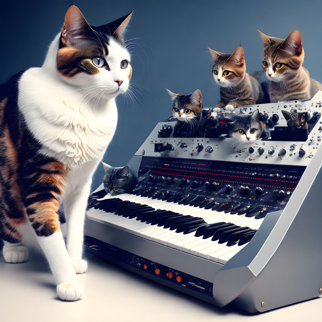 Various Cats Surrounding Synthesizer Keyboard