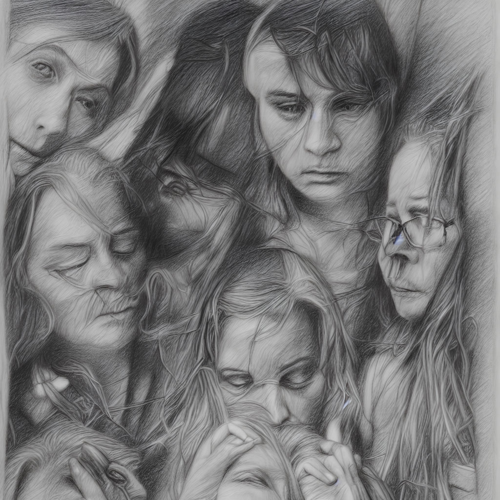 Multiple Women's Portraits in Pencil Sketches Depicting Various Emotions