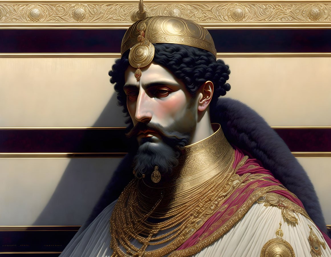 Regal portrait of bearded man in ornate armor with golden helmet