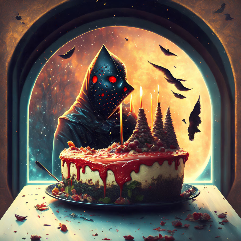 Cloaked figure with red eyes behind a red icing cake in mystical room