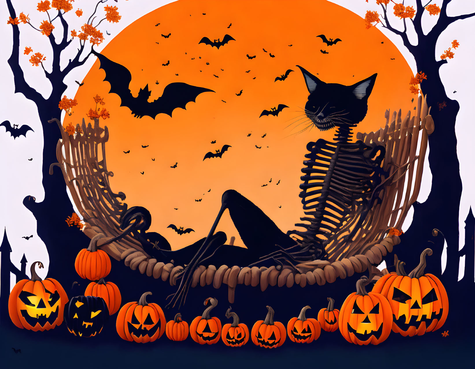 Spooky Halloween-themed illustration with skeleton, black cat, jack-o'-lanterns, bats,