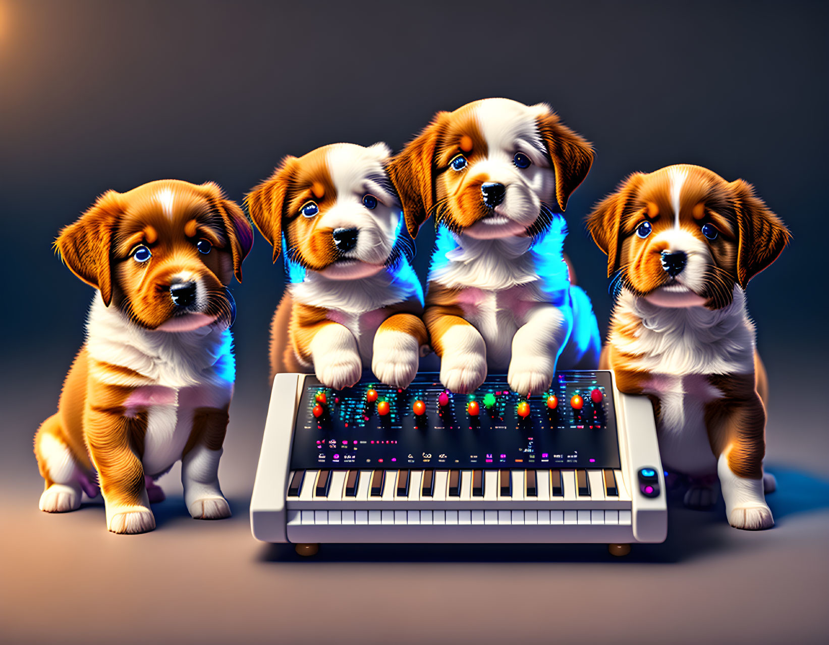 Four animated puppies with colorful backlight and synthesizer keyboard.