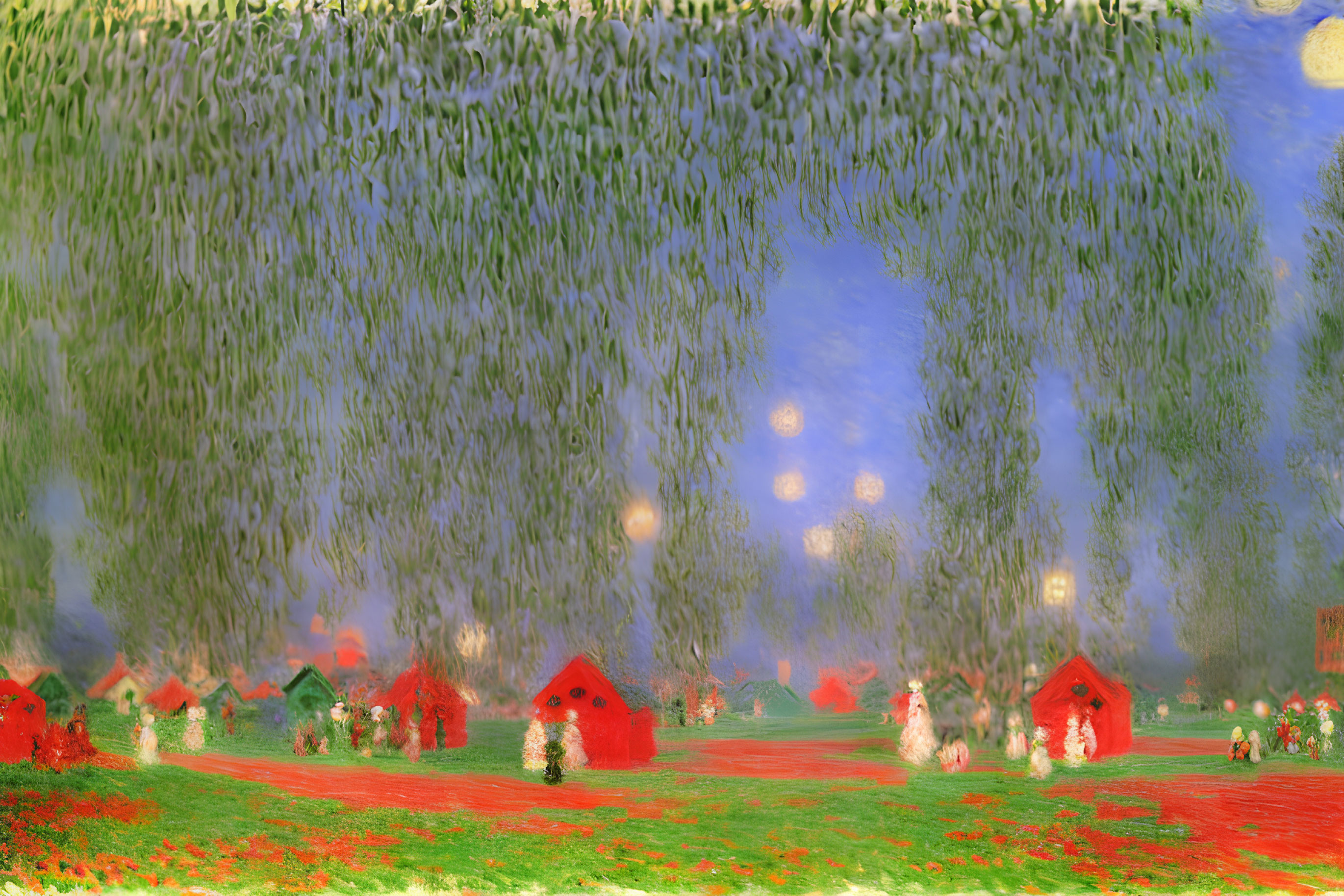 Impressionist-style red flower field with moon and houses