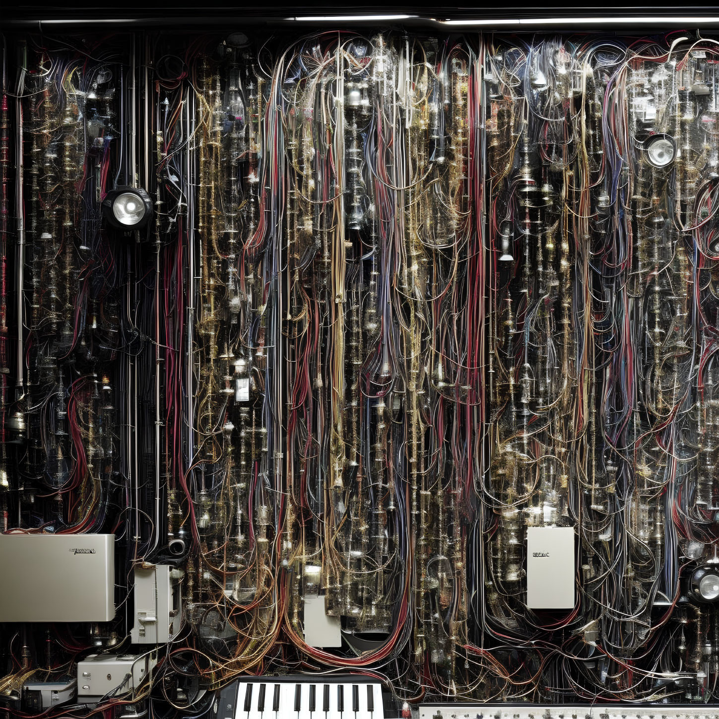 Detailed view of intricate modular synthesizer with patch cables, knobs, and switches