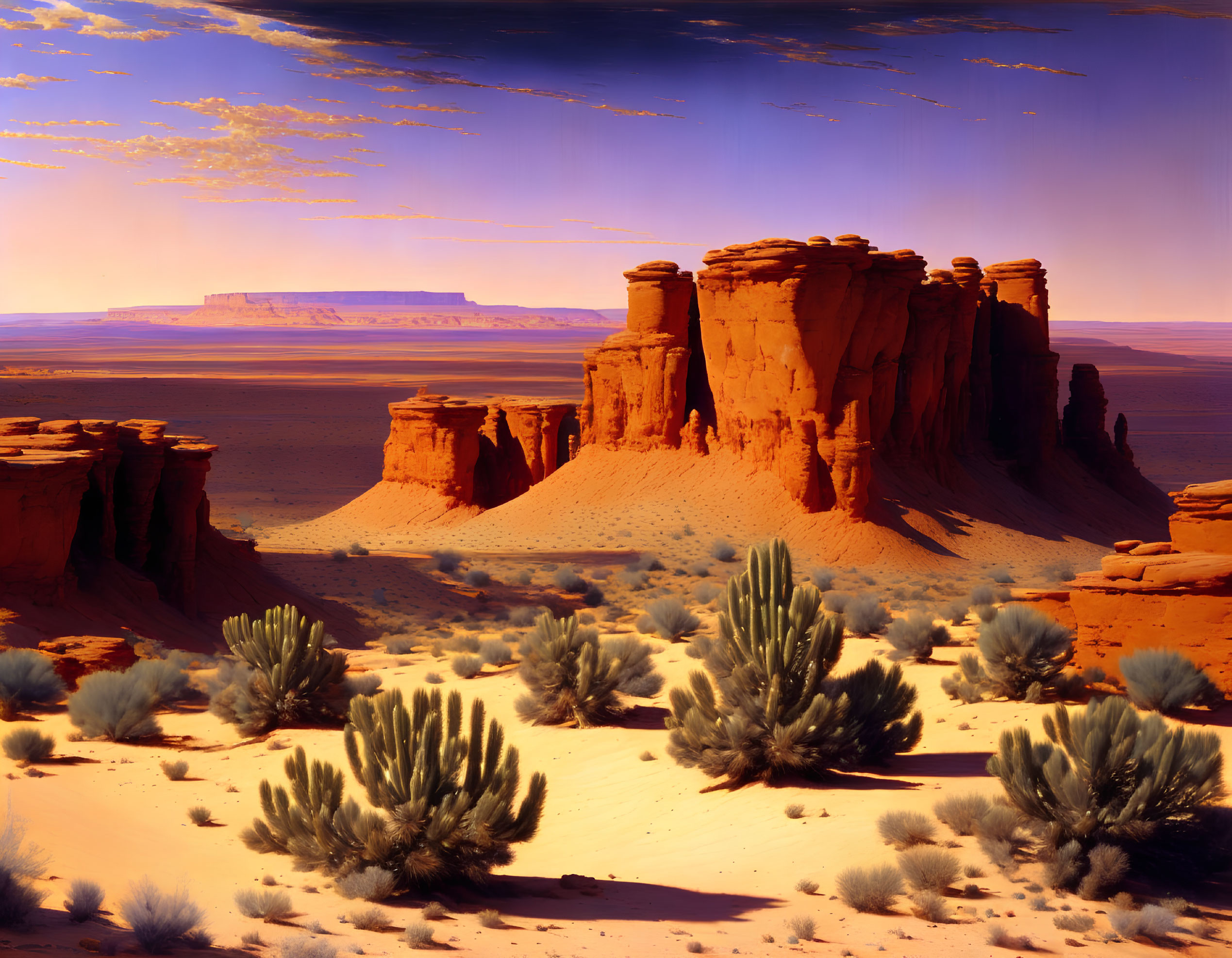 Vibrant desert landscape: tall sandstone towers, green shrubs, open sky