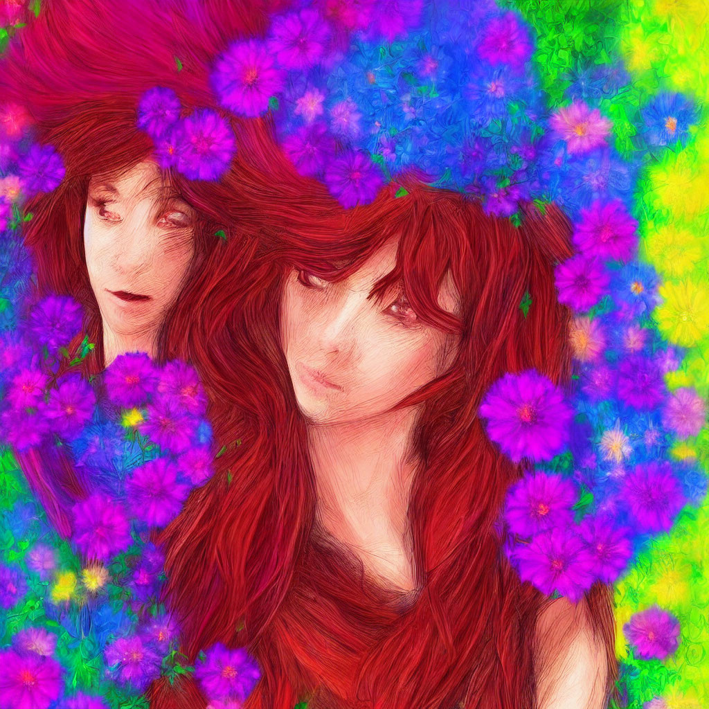 Colorful digital artwork: Two female faces with red hair & flowers.