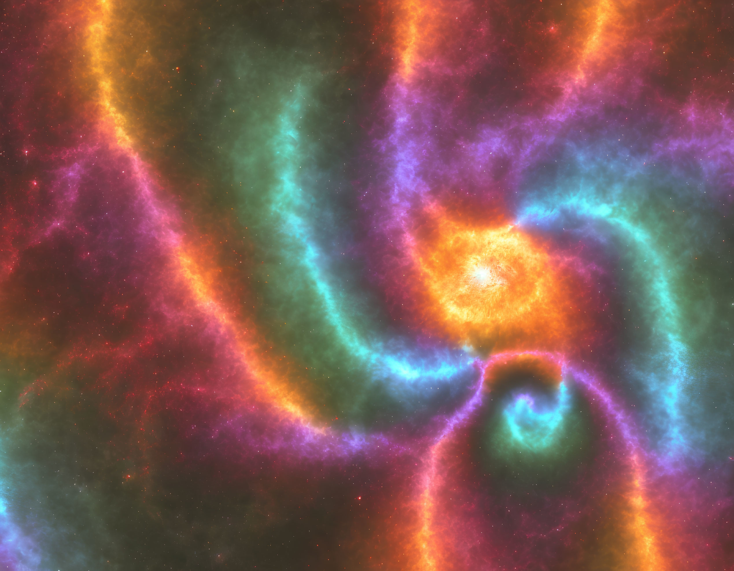 Colorful Swirling Cosmic Cloud in Green, Orange, Purple, and Blue