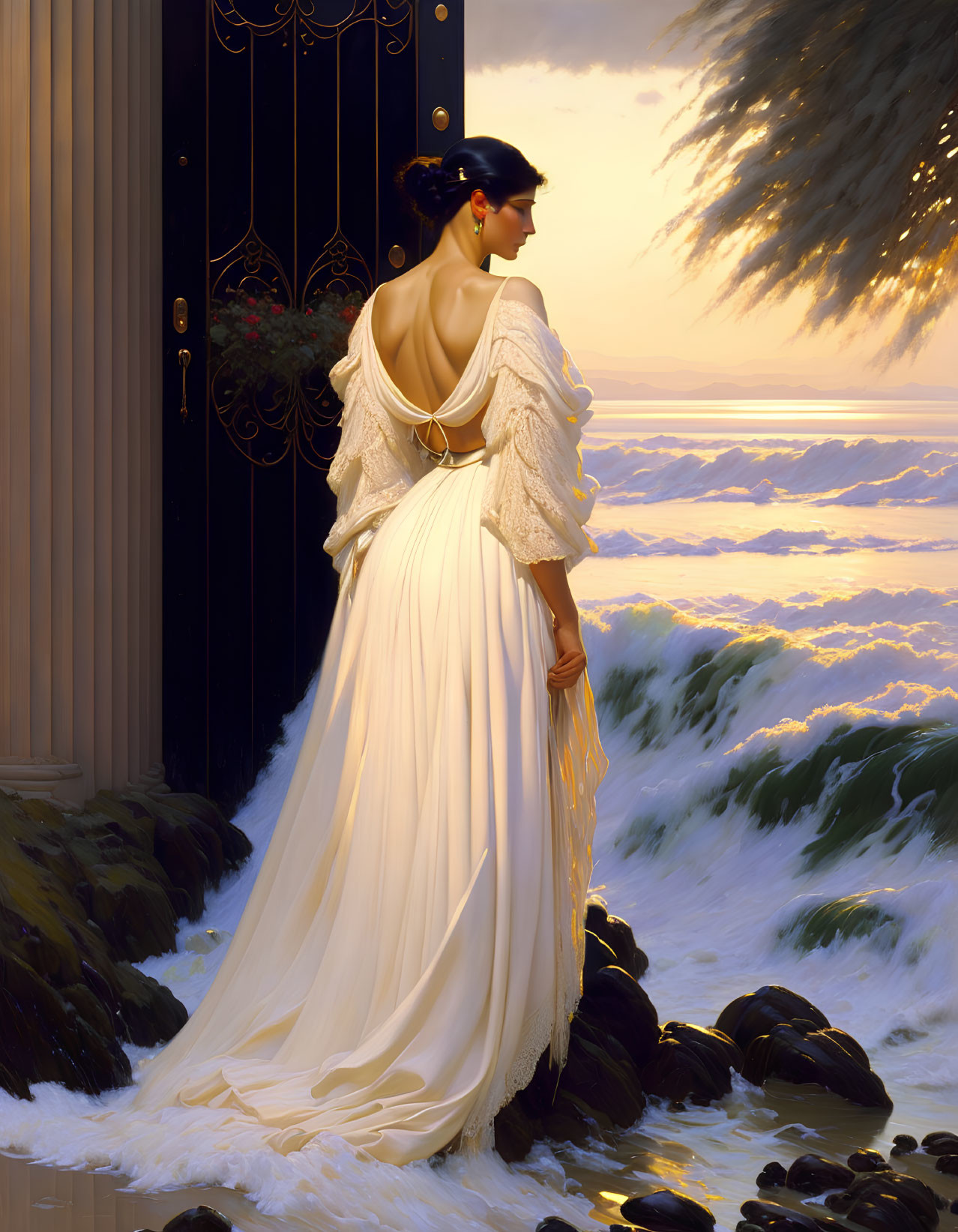 Woman in white dress by dramatic sunset seascape with crashing waves