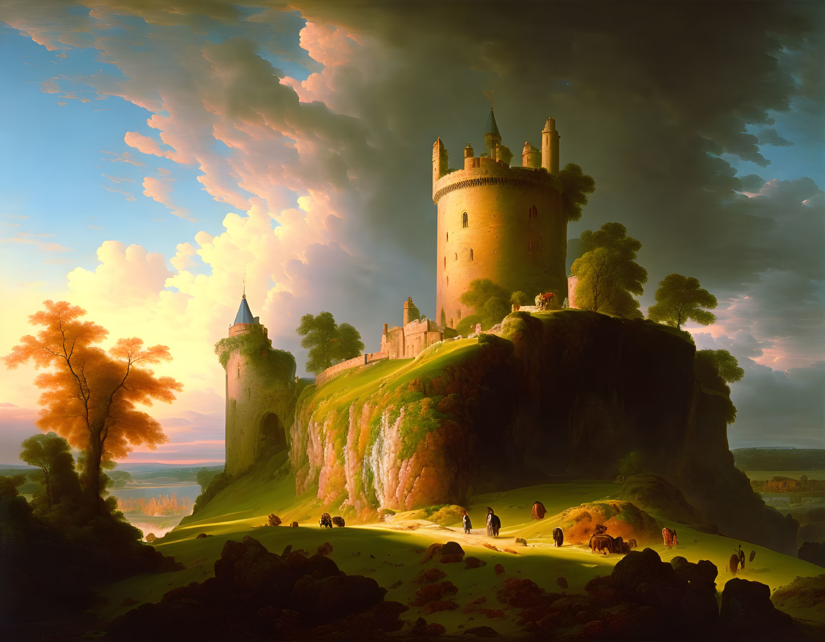 Romantic painting of castle on lush hill with dramatic clouds