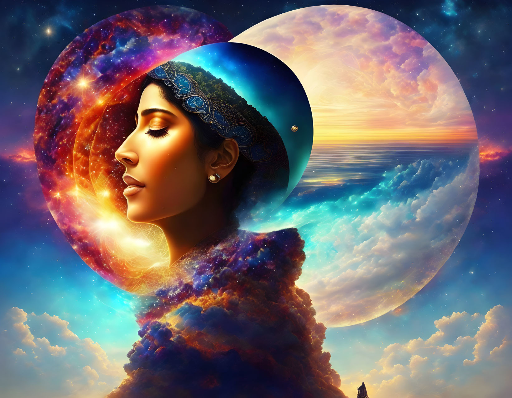 Surreal cosmic sunset blending with woman's profile