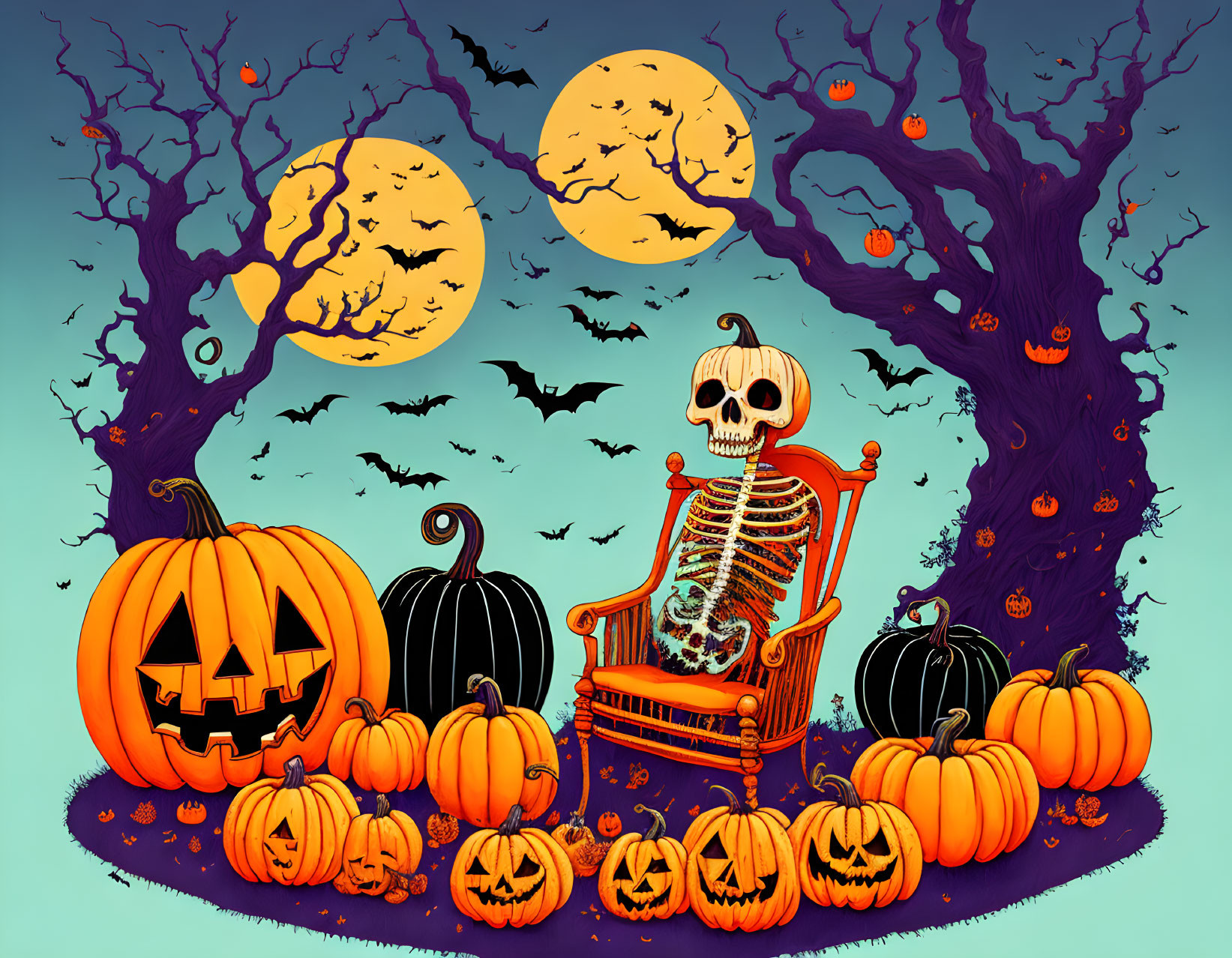 Colorful Halloween Skeleton Art with Pumpkins, Bats, and Full Moons