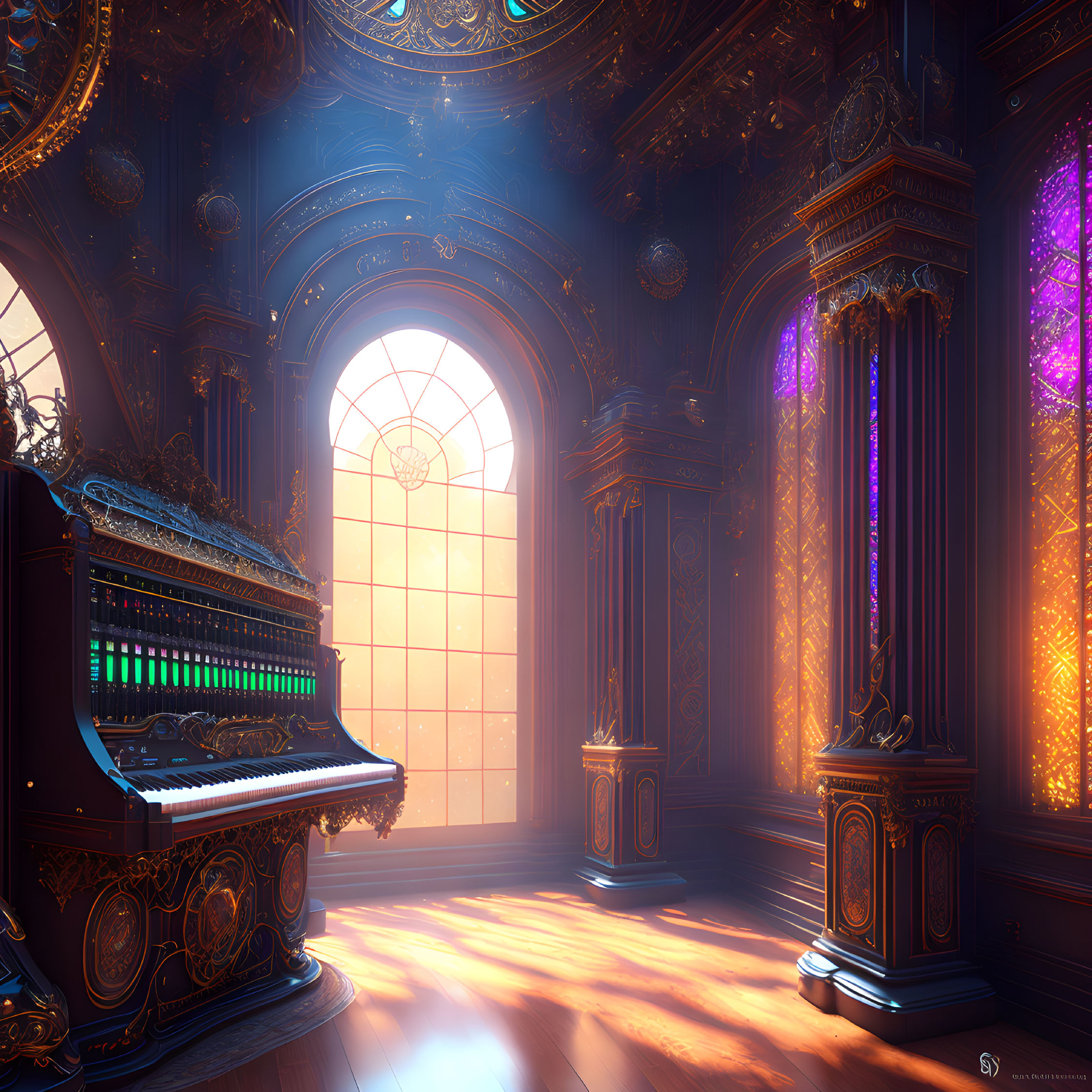 Sunlit ornate room with piano, stained glass windows, and intricate wooden details.