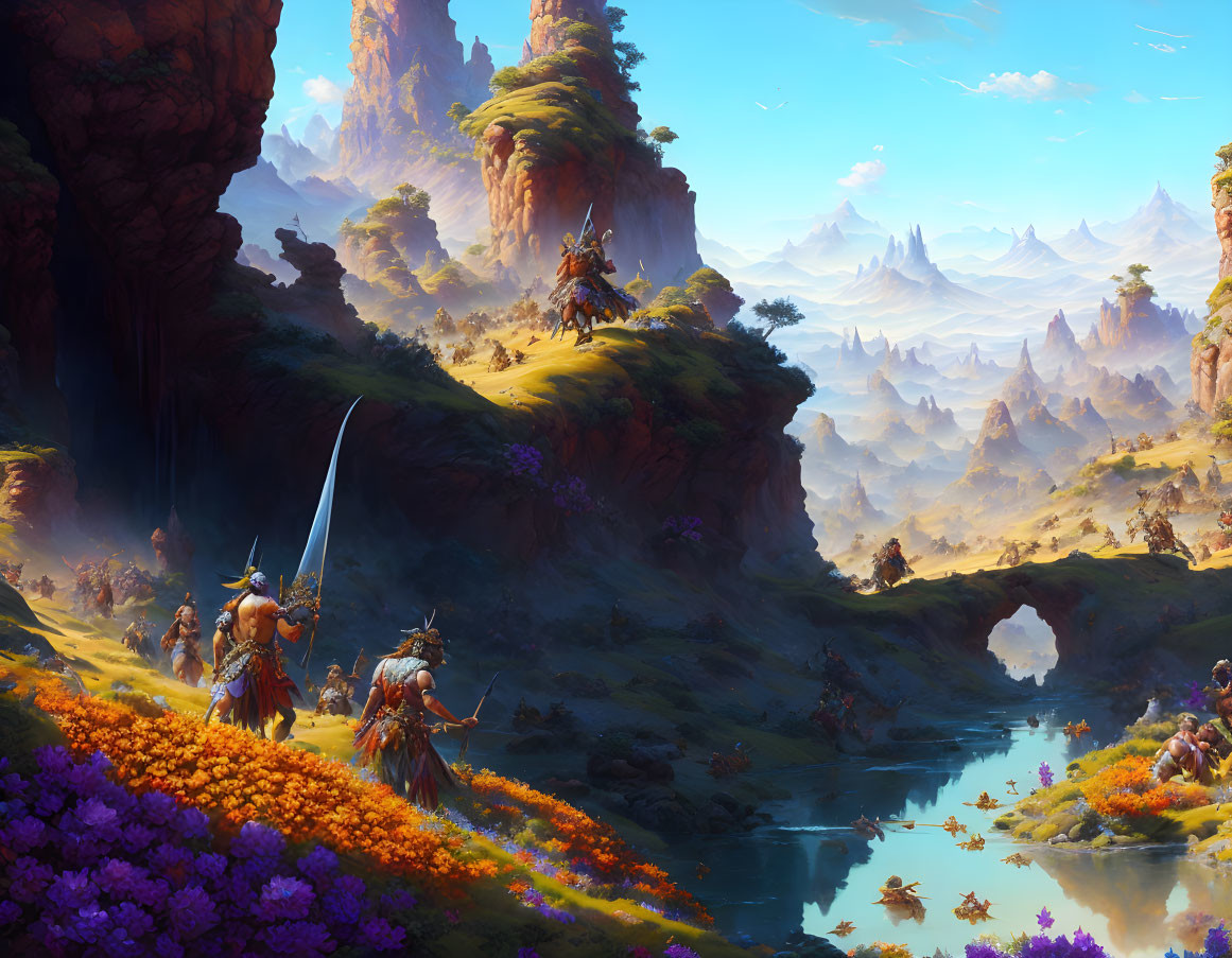 Warriors and Horse in Fantasy Landscape with Rock Formations, Waterfalls, River, and Flora