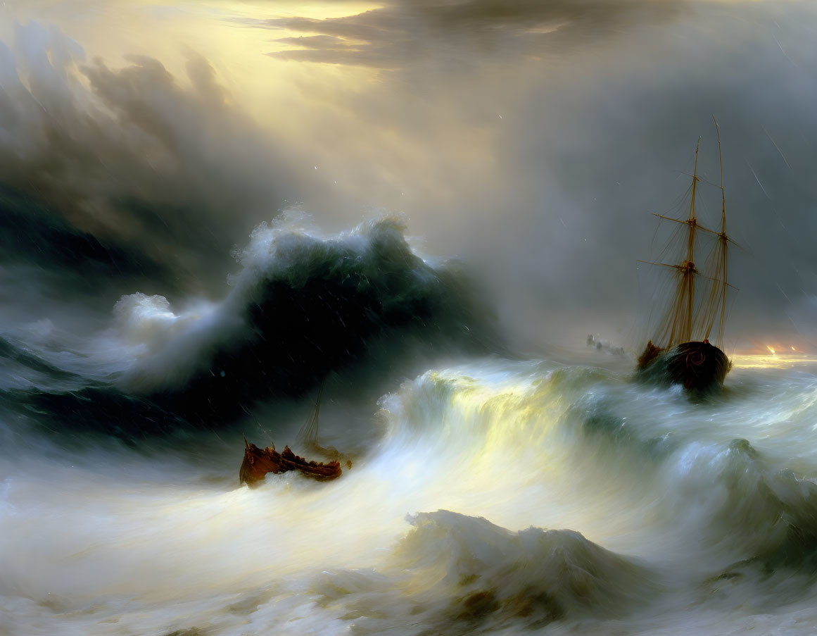 Stormy Seascape with Struggling Ship and Massive Waves