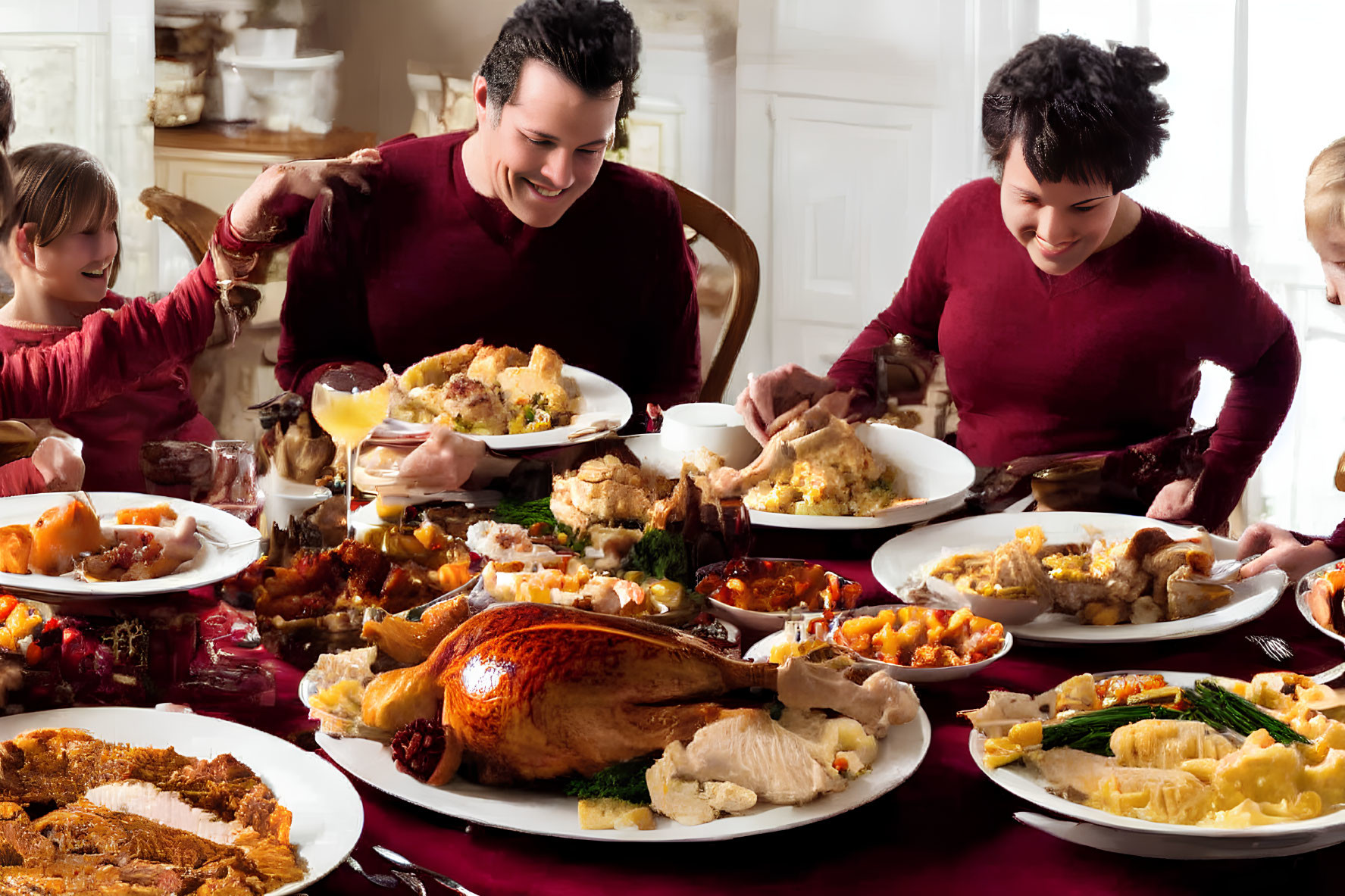 Family Festive Meal with Roasted Turkey and Smiling Faces