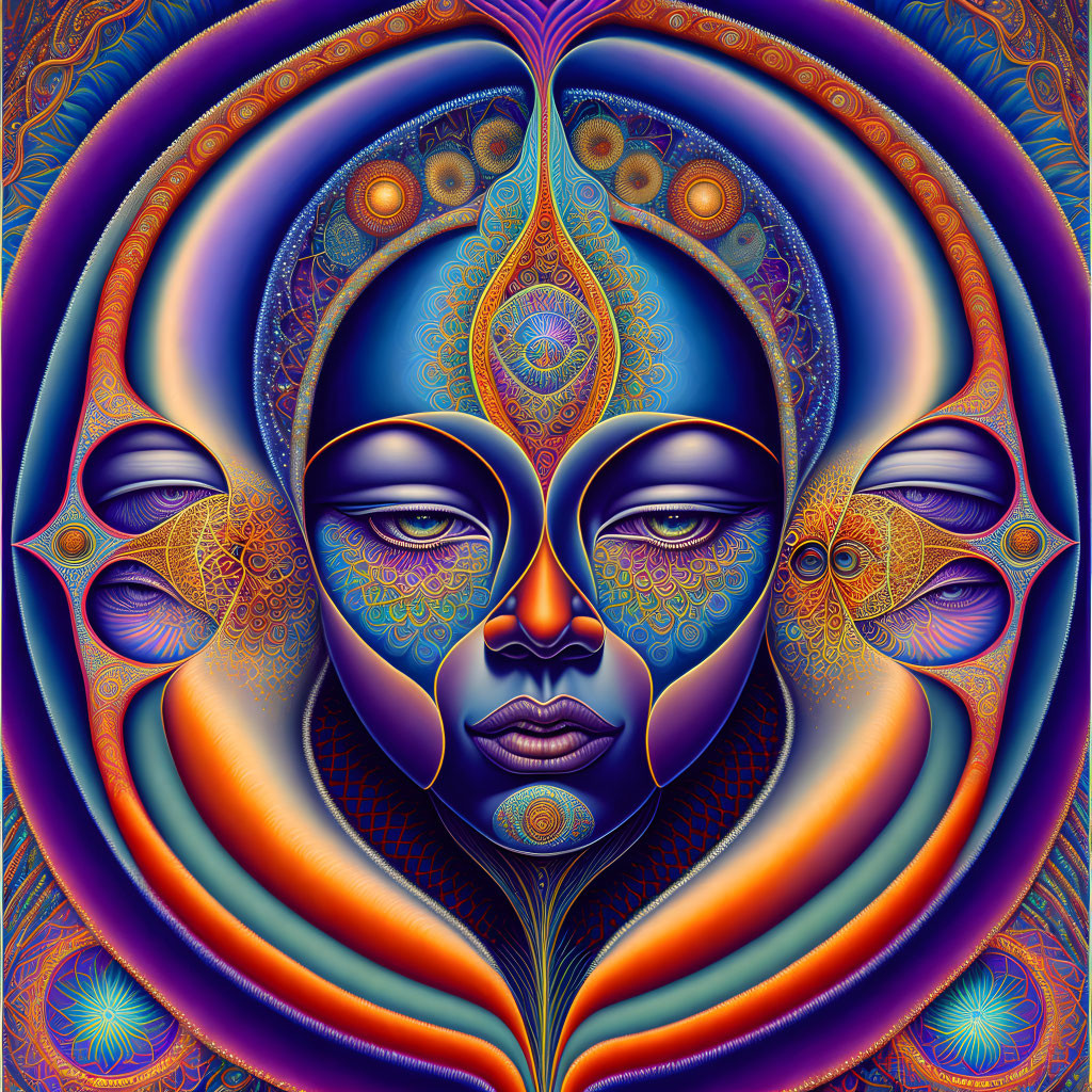 Symmetrical digital artwork with overlapping faces and mystical motifs