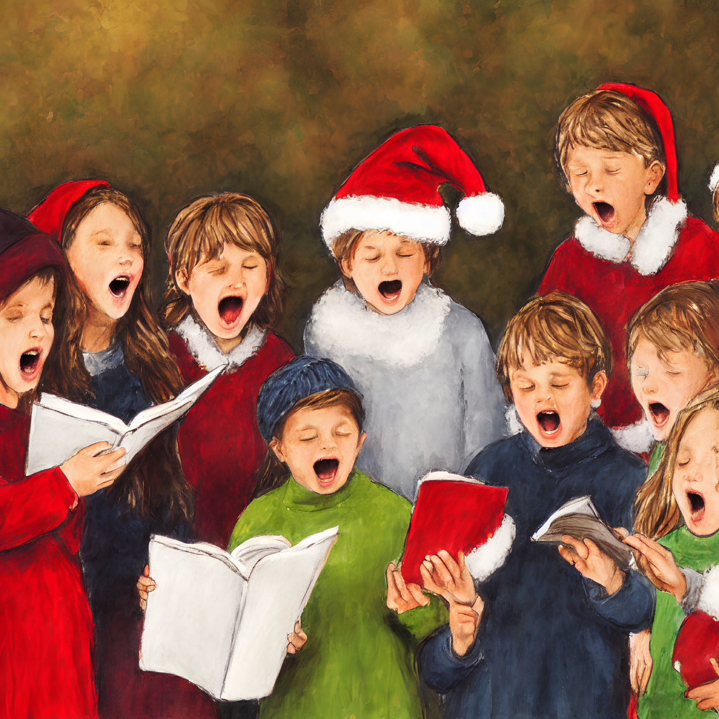 Children in Santa hats sing festive songs in warm setting