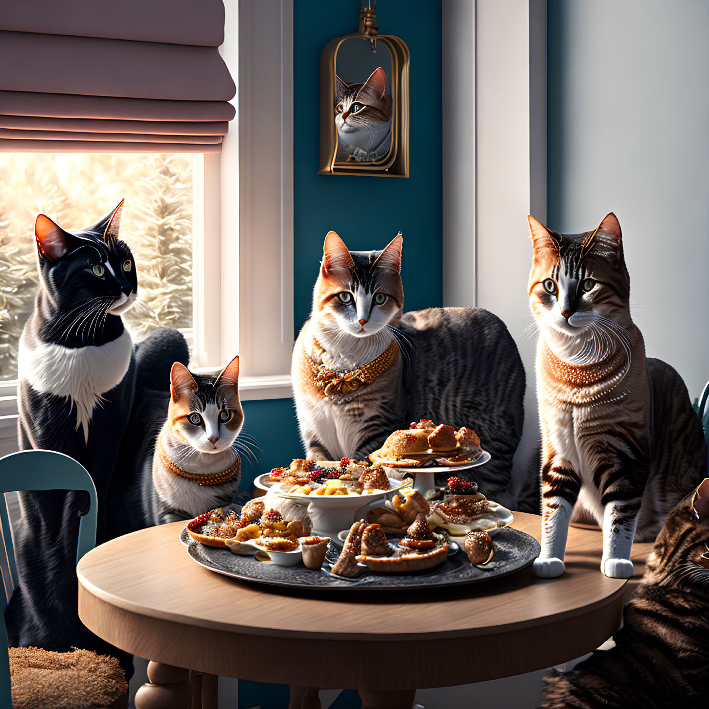 Four Cats with Fancy Necklaces Dining Around Table