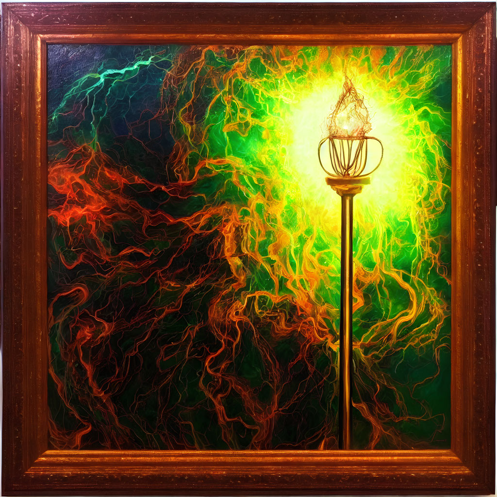 Colorful Painting of Lamp Post with Glowing Flame and Lightning-Like Currents