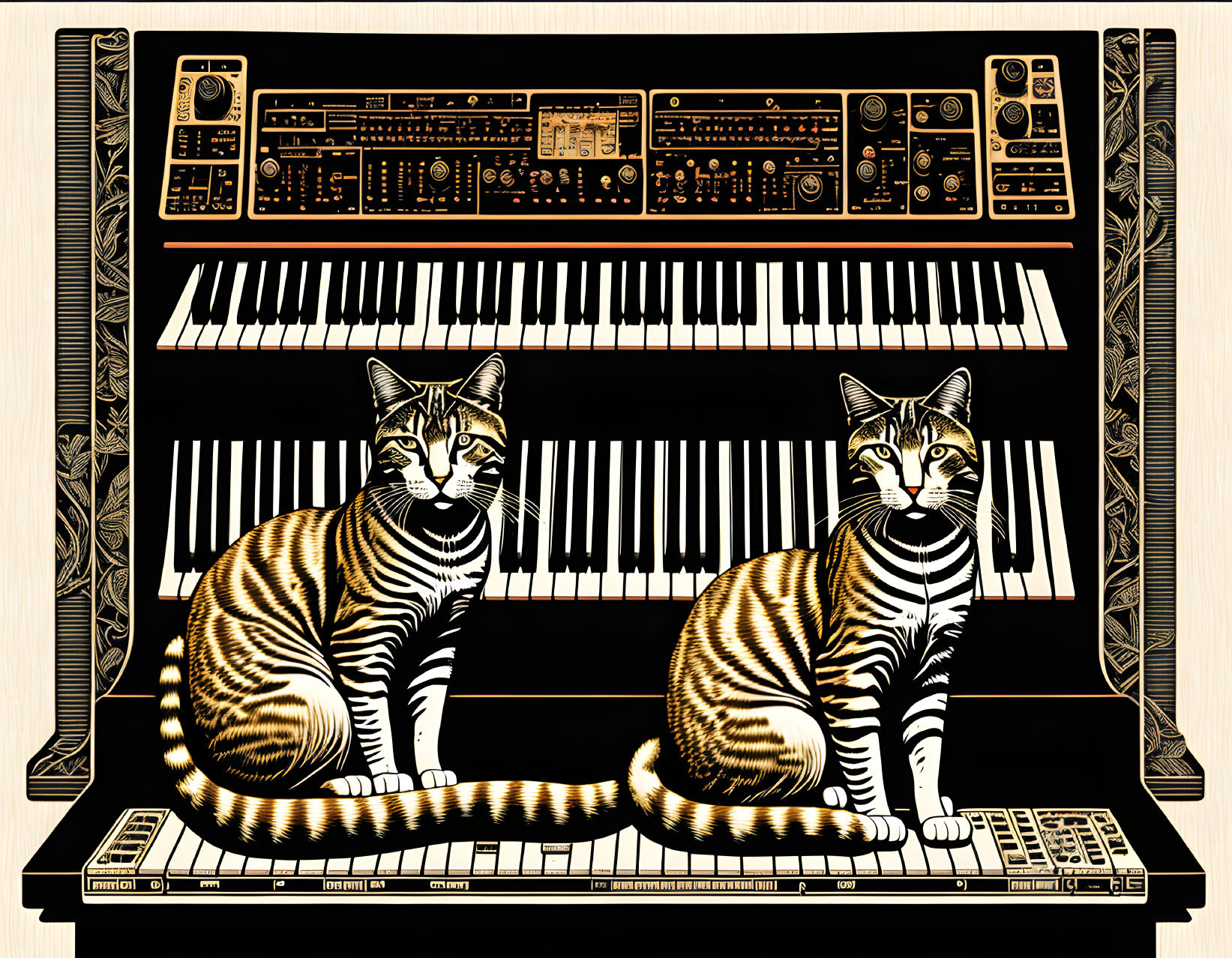 Two Striped Cats on Synthesizer Keyboard with Detailed Patterns