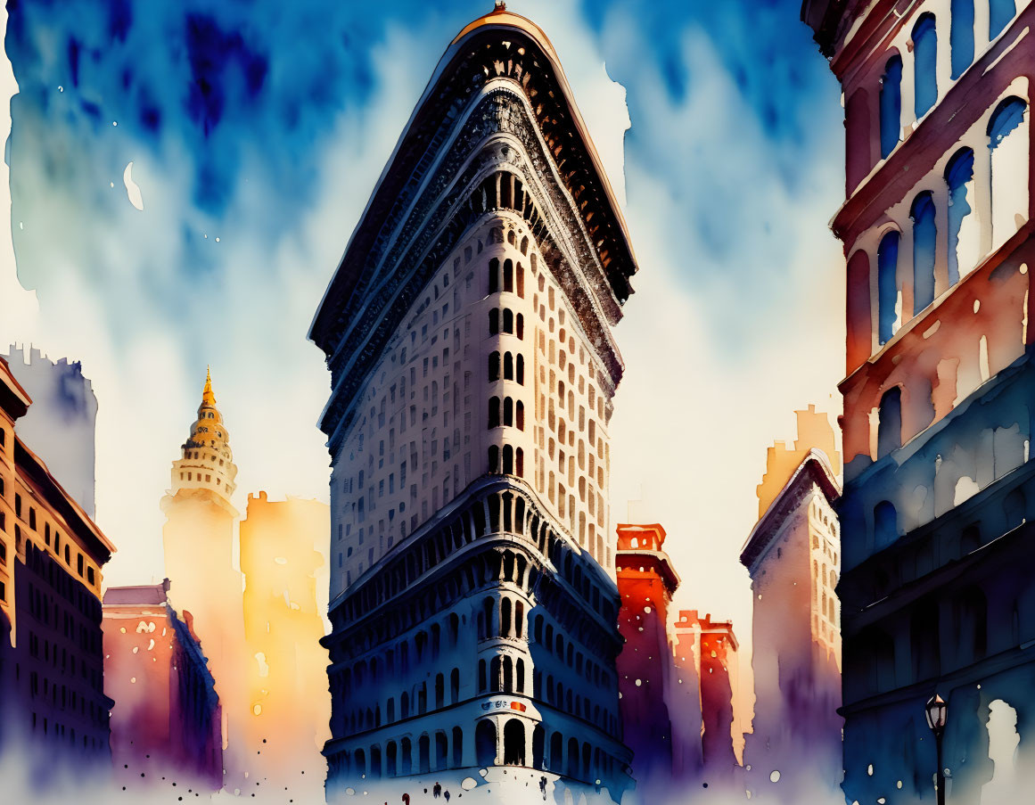 Flatiron Building watercolor illustration at sunset in NYC