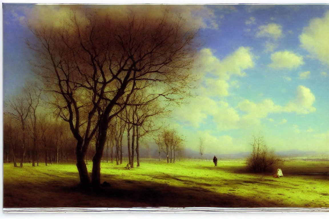 Leafless trees and distant figures in pastoral landscape under clear blue sky