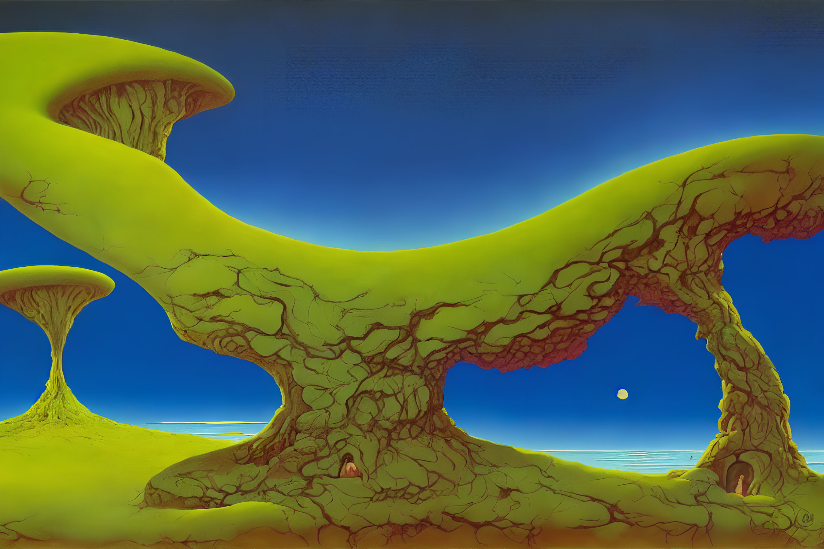 Surreal landscape with tree-like structures and red veins under yellow sky