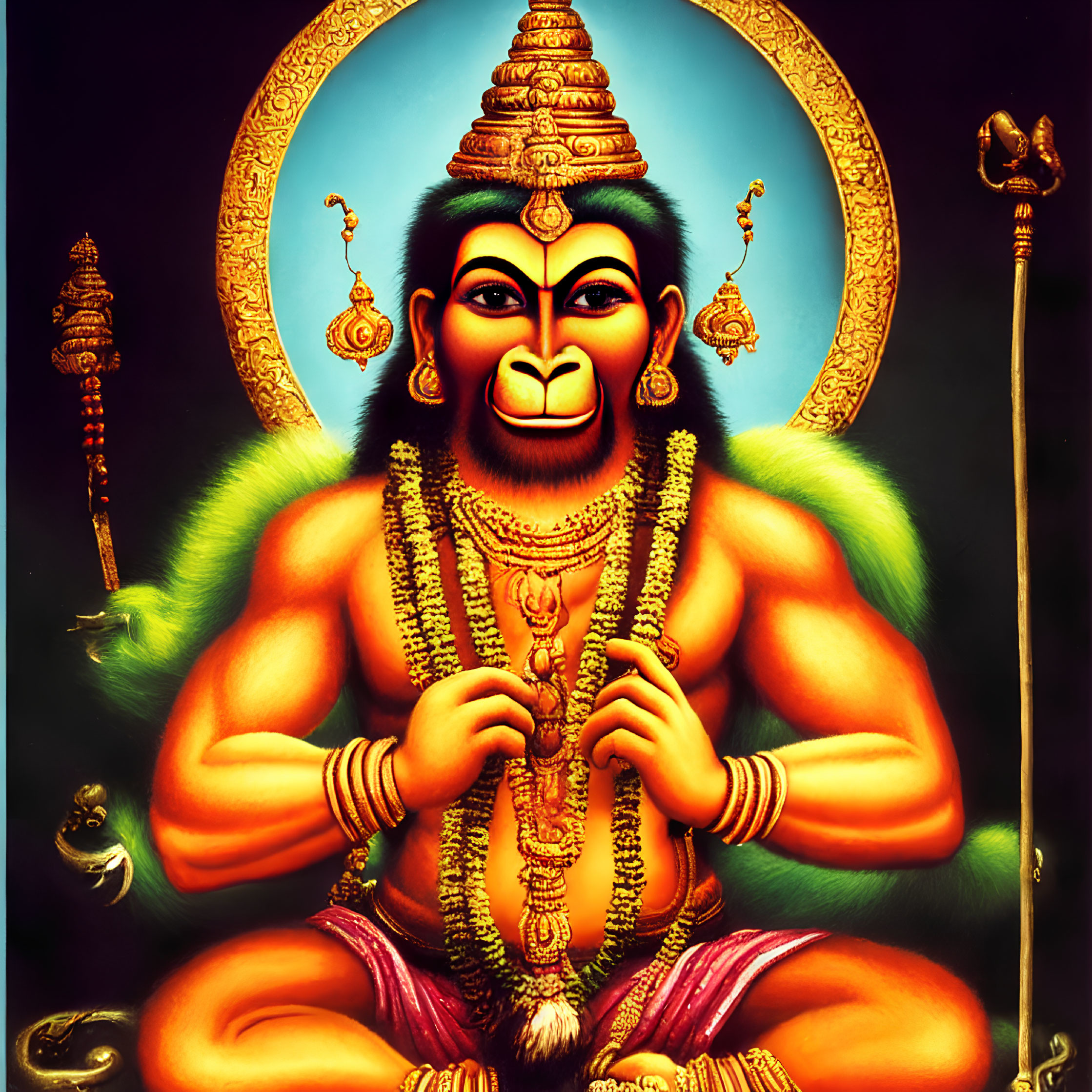 Vibrant illustration of Hindu deity Hanuman with golden halo and mace