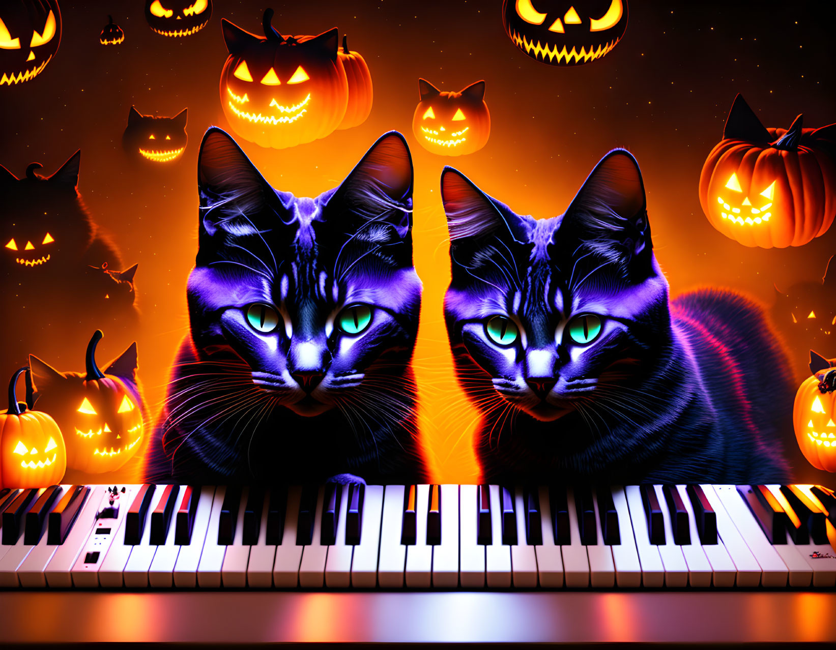 Two black cats with glowing green eyes at piano keyboard with jack-o'-lanterns in Halloween setting