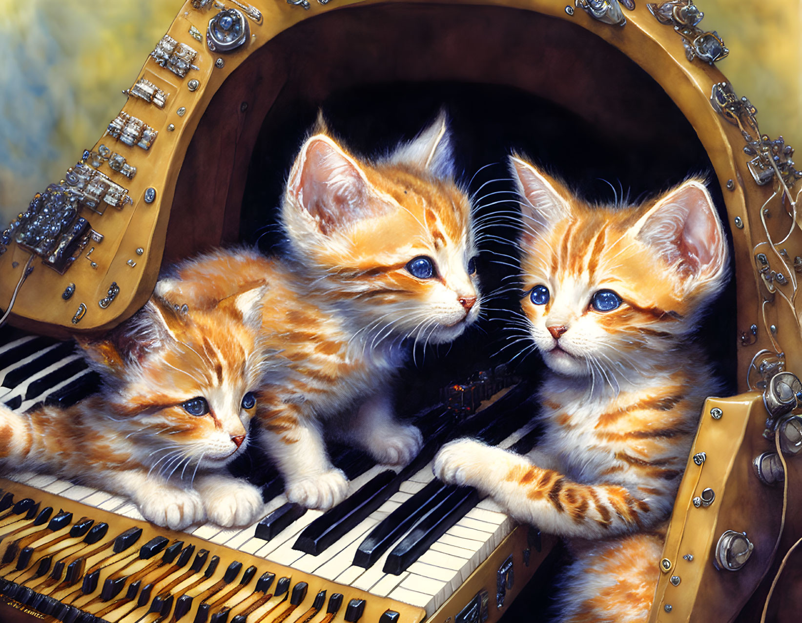 Three orange tabby kittens in steampunk-themed piano