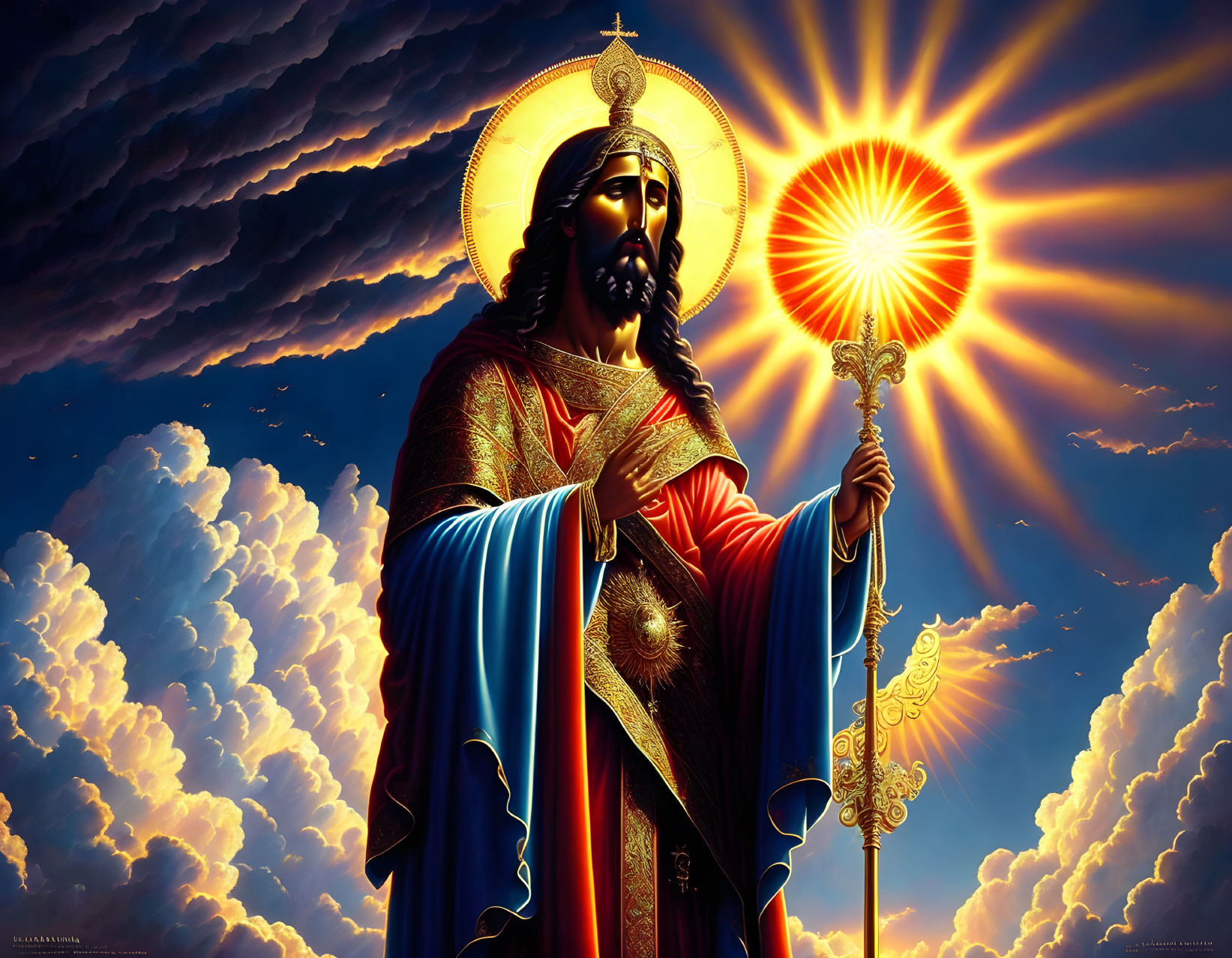 Figure with Halo and Radiant Staff in Red and Blue Robes Against Sky