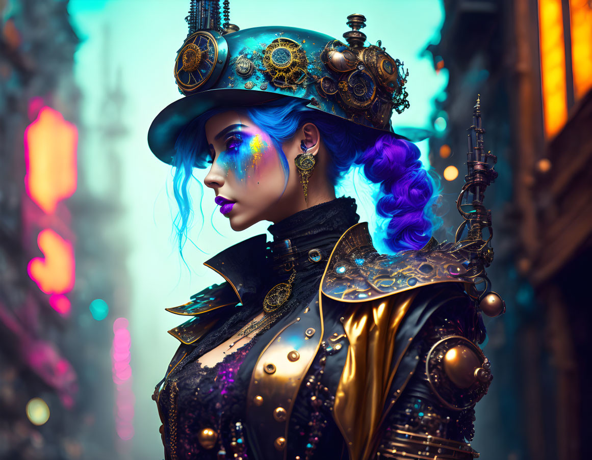 Woman with Vibrant Blue Hair in Steampunk Attire in Futuristic Cityscape