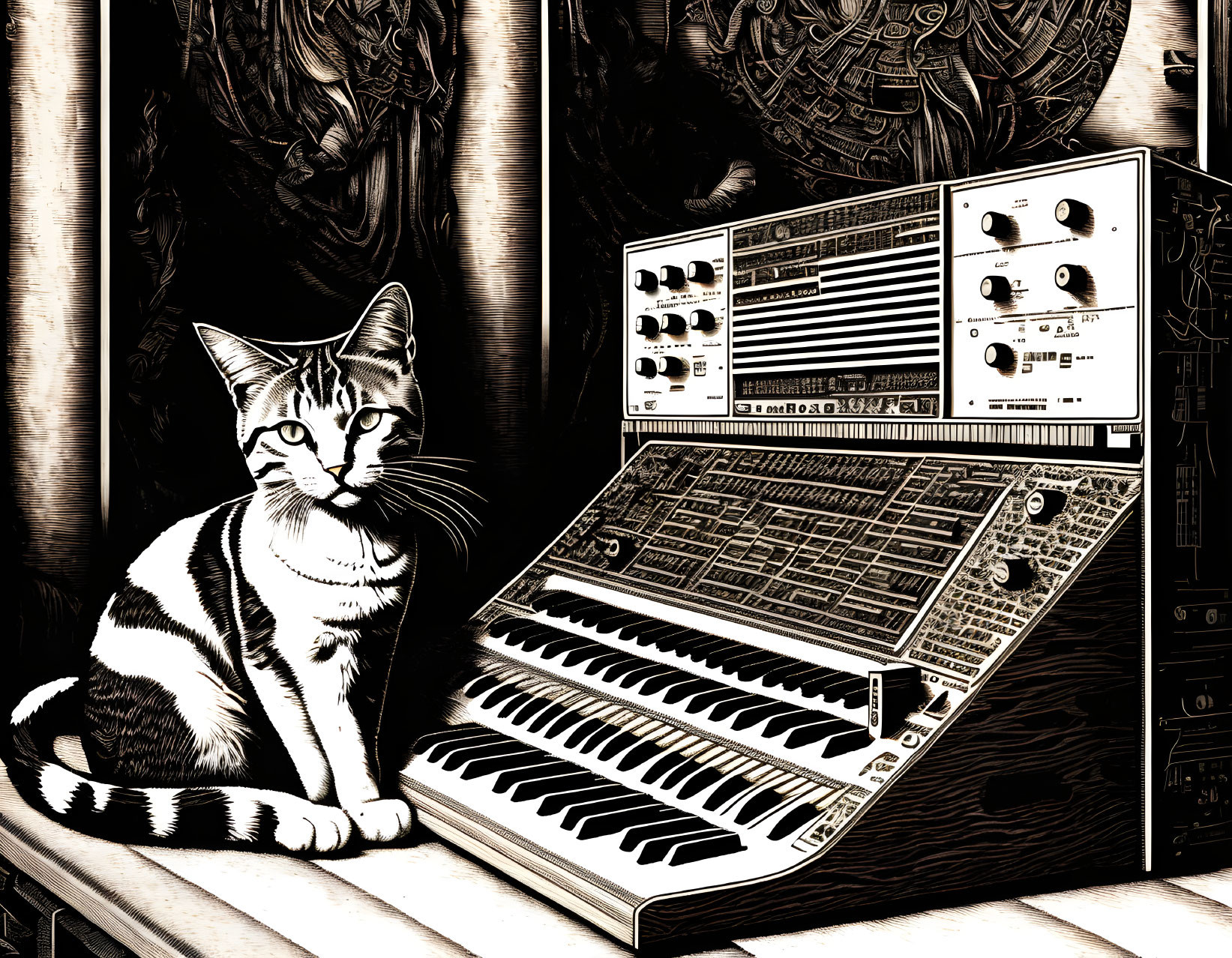 Monochrome Striped Cat with Vintage Synthesizer Illustration