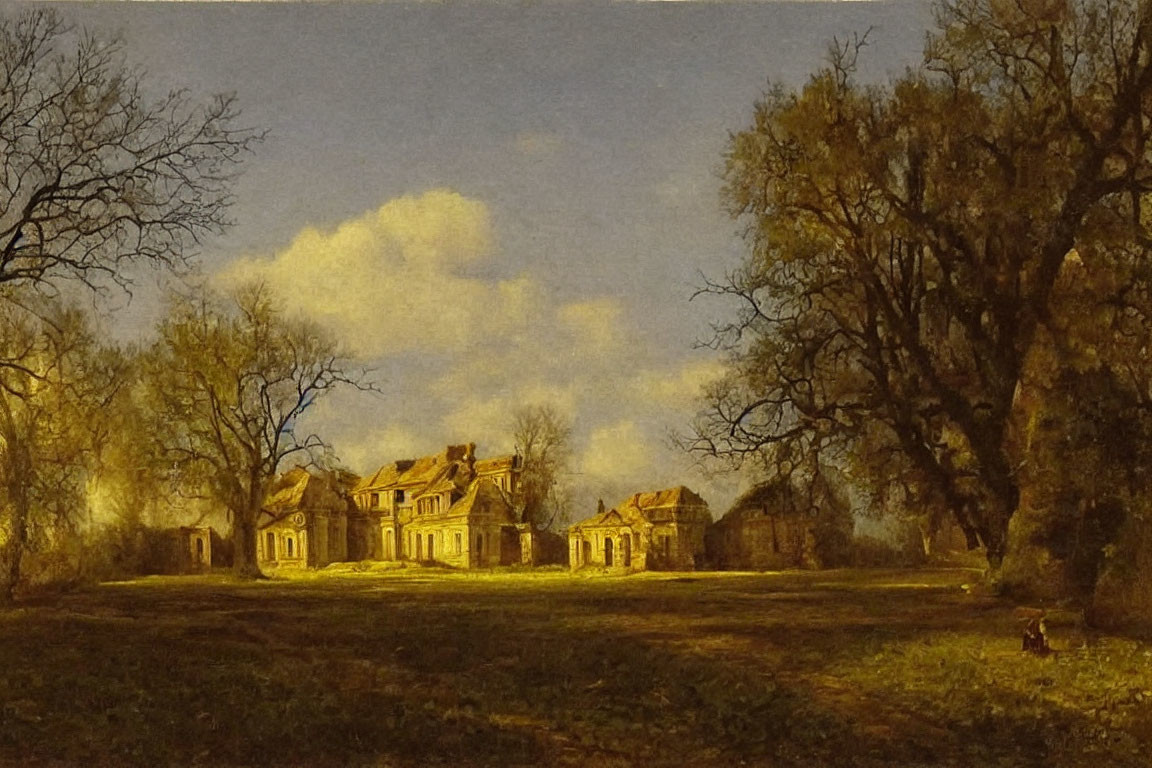 Tranquil landscape painting of country house at twilight