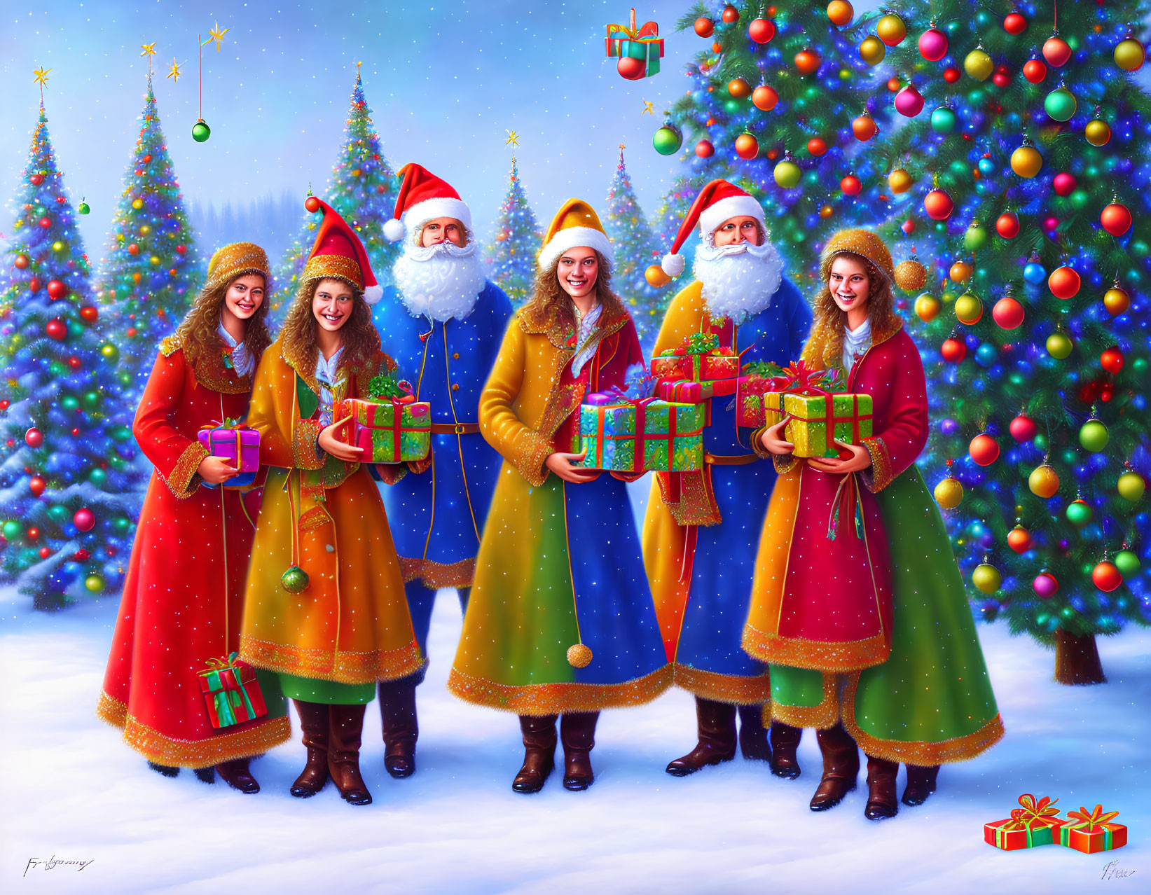 Group of Festively Dressed People with Santa Clauses and Christmas Trees