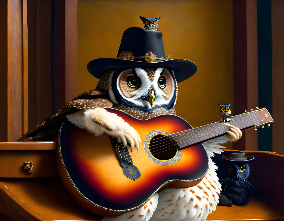 Illustrated cowboy hat owl playing guitar with two smaller owls on wood backdrop