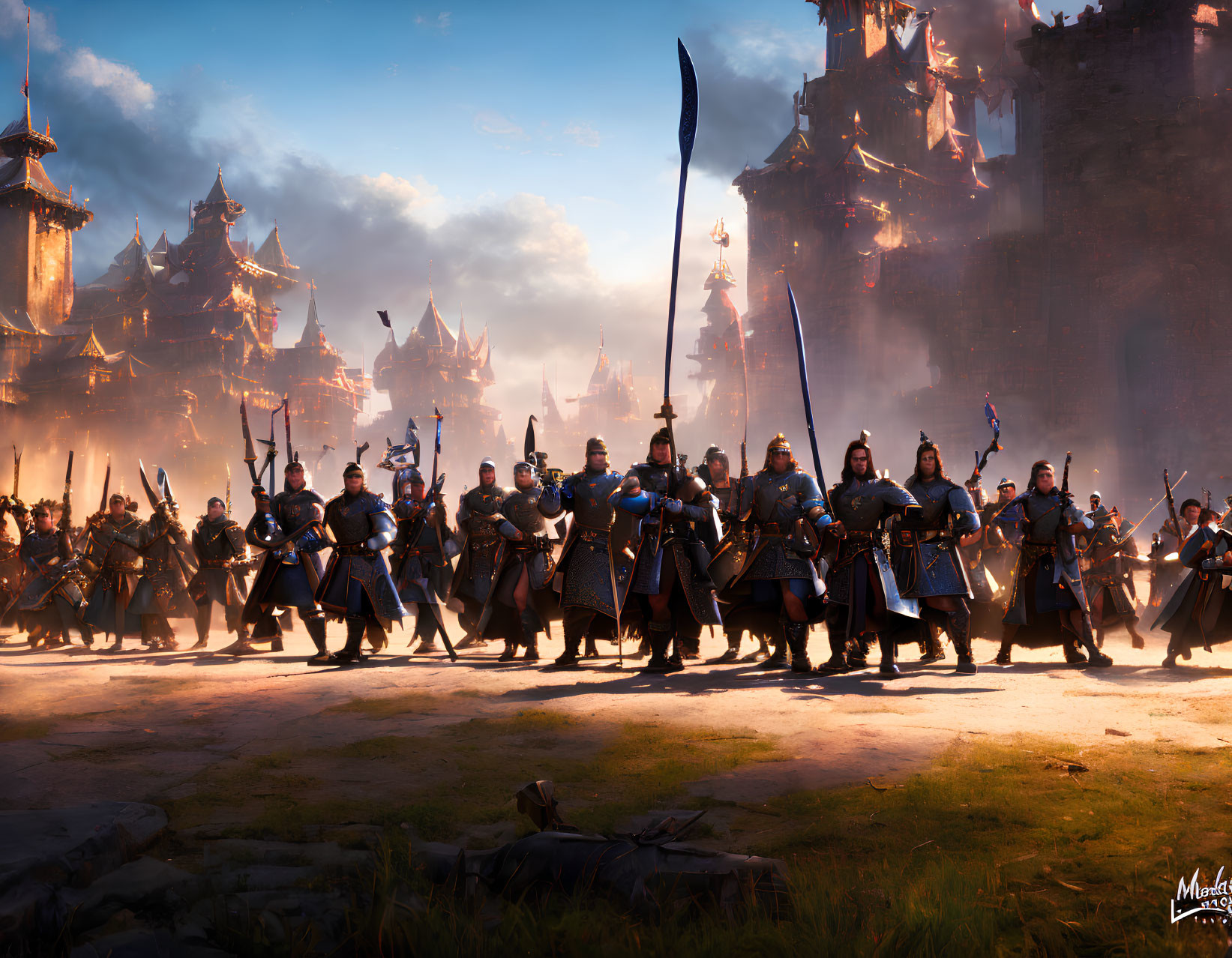 Medieval fantasy army with soldiers and castles in digital artwork