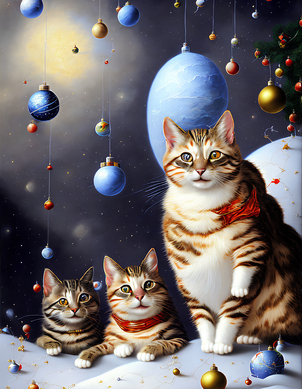 Three Cats in Festive Scarves Among Christmas Ornaments and Trees