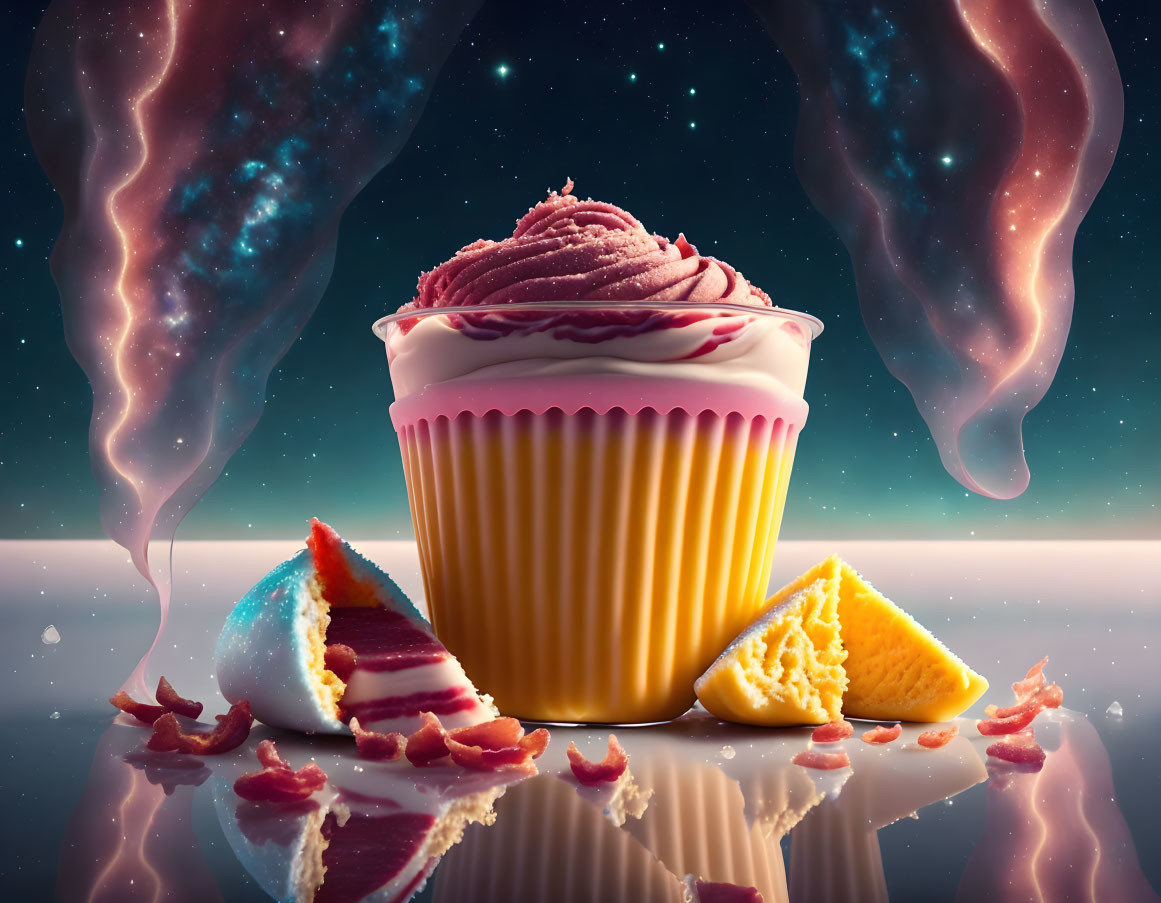 Colorful Cupcake with Pink Frosting and Cosmic Bath Bomb on Glossy Surface