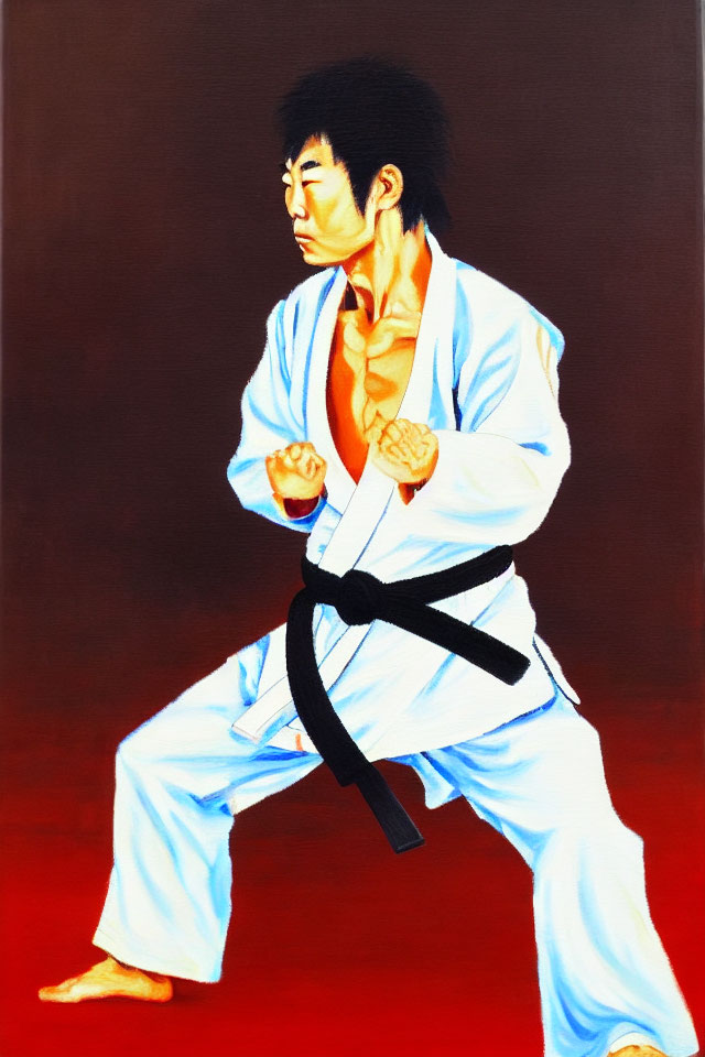 Person in white karate gi with black belt striking pose on red background