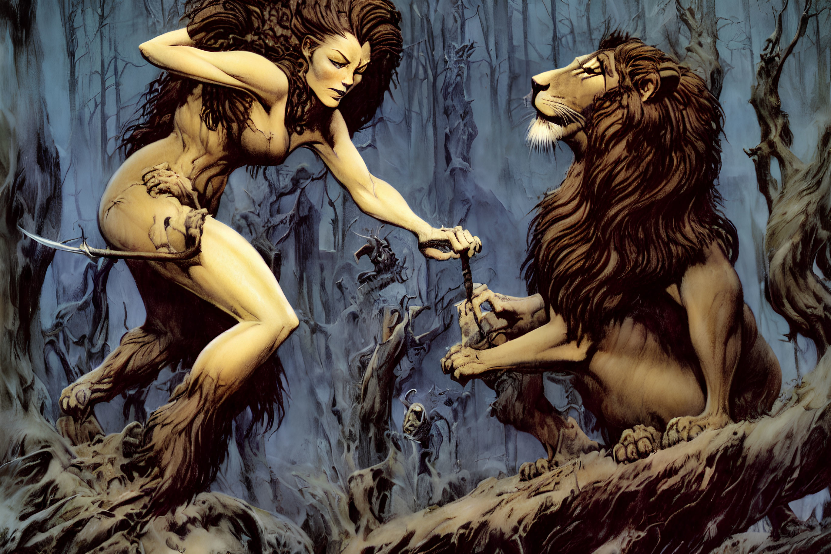 Woman with lion features interacting with large lion in mystical forest.