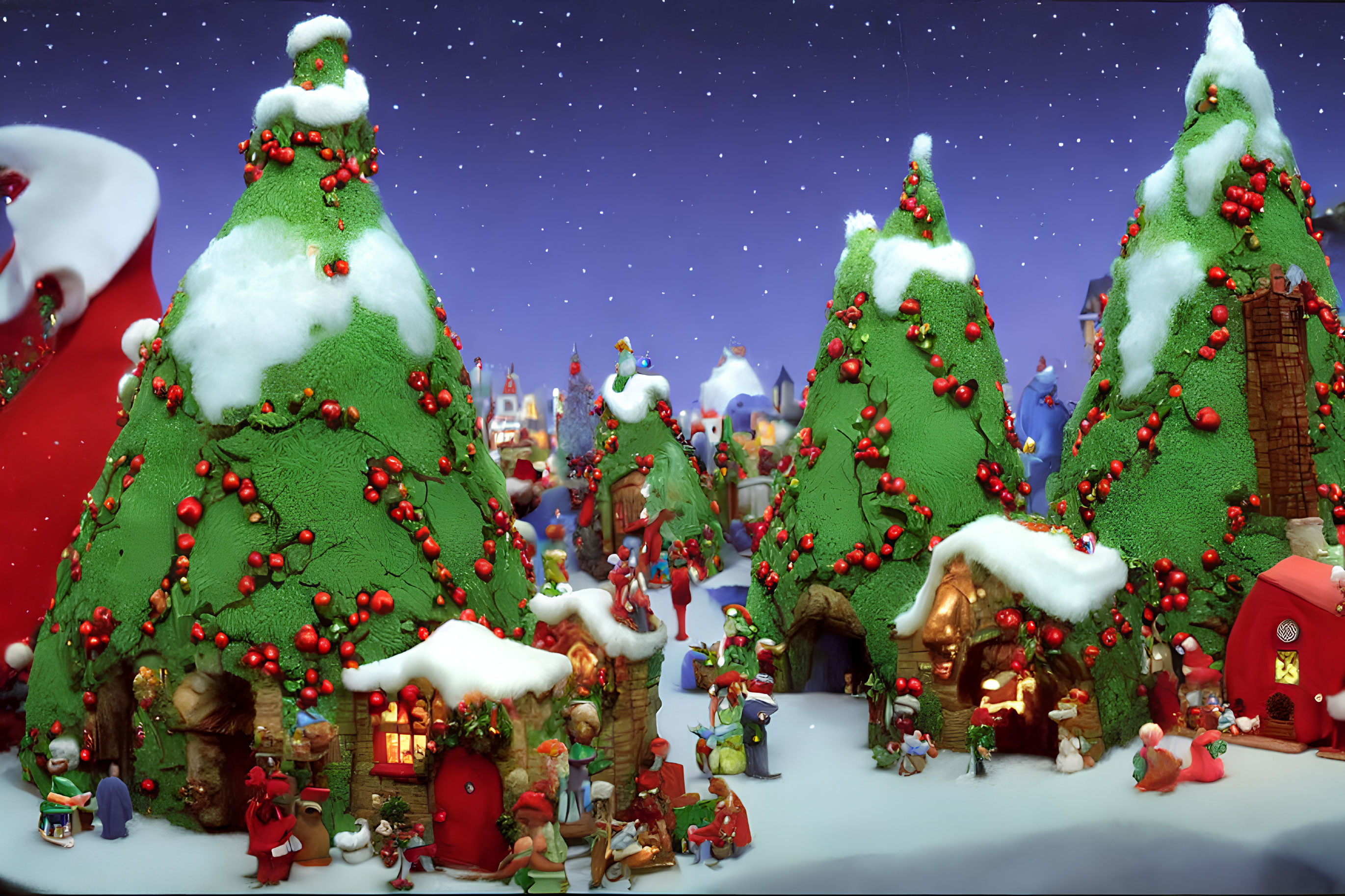 Festive Christmas village with snow-capped houses and decorated trees