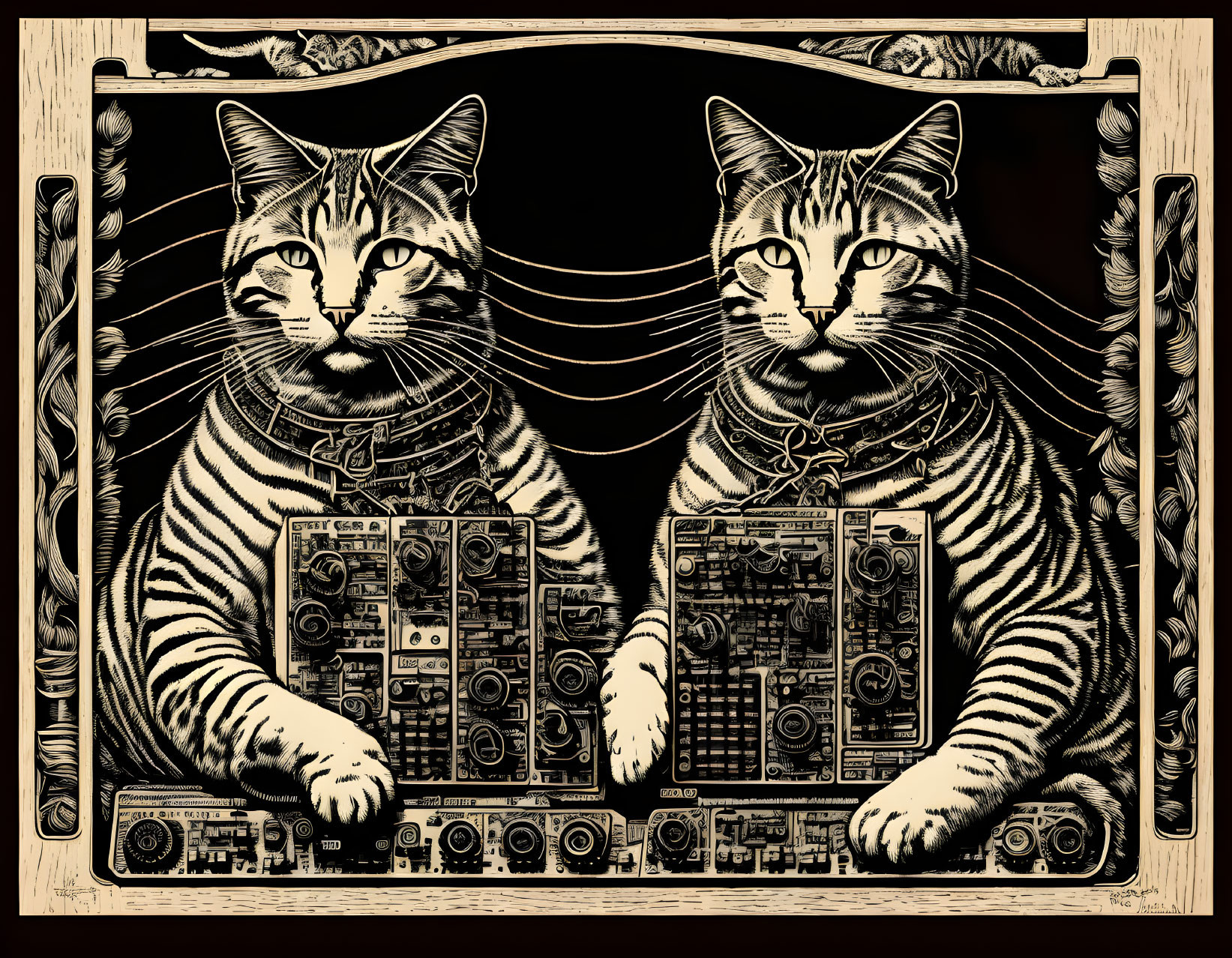 Two cats in human-like postures playing on mixing consoles with decorative borders and string designs.