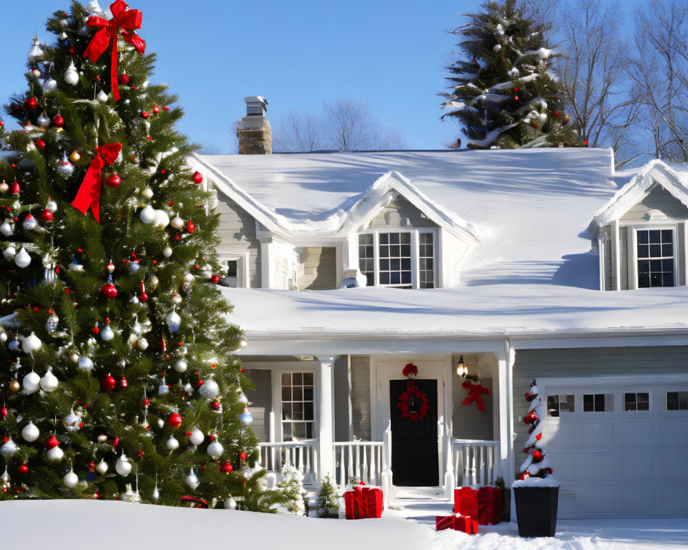 Snow-covered house with festive Christmas tree and wreath on door