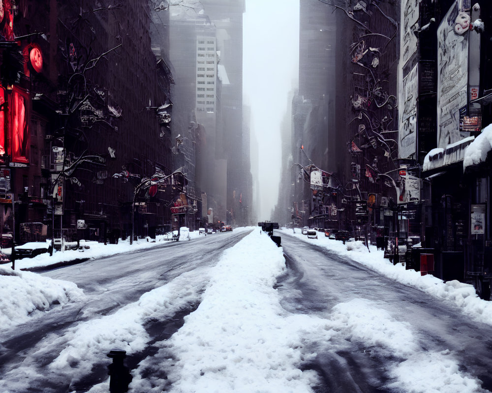 Snow-covered street with billboards and street signs on foggy day