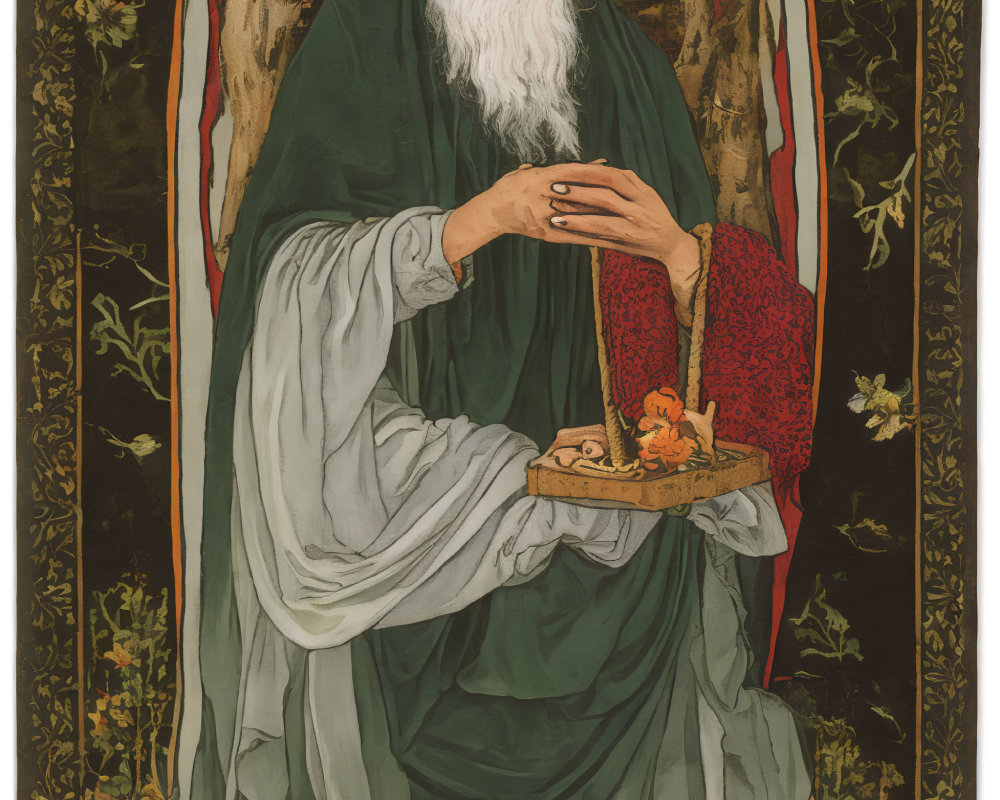 Elderly man in green robe with white beard holding tray, surrounded by floral motifs under arch.